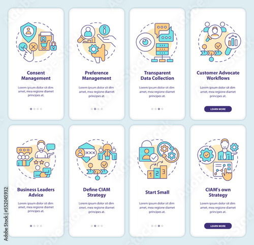 CIAM onboarding mobile app screen set. Customer identity management walkthrough 5 steps editable graphic instructions with linear concepts. UI, UX, GUI template. Myriad Pro-Bold, Regular fonts used photo