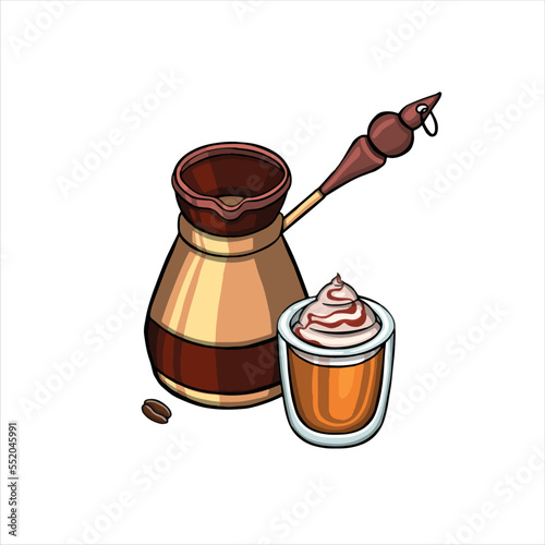 Coffee cezve and glass of coffee with cream   illustration