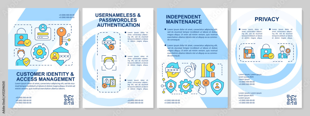 Client identity management blue brochure template. CIAM pros. Leaflet design with linear icons. Editable 4 vector layouts for presentation, annual reports. Arial, Myriad Pro-Regular fonts used