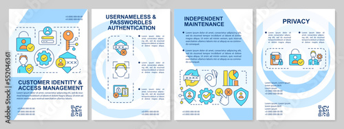 Client identity management blue brochure template. CIAM pros. Leaflet design with linear icons. Editable 4 vector layouts for presentation, annual reports. Arial, Myriad Pro-Regular fonts used photo
