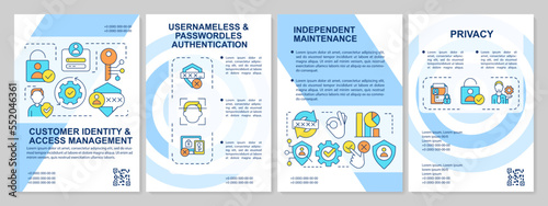 Client identity management blue brochure template. CIAM pros. Leaflet design with linear icons. Editable 4 vector layouts for presentation, annual reports. Arial, Myriad Pro-Regular fonts used