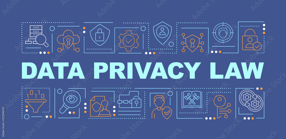 Data privacy law word concepts dark blue banner. Consumer security. Infographics with editable icons on color background. Isolated typography. Vector illustration with text. Arial-Black font used