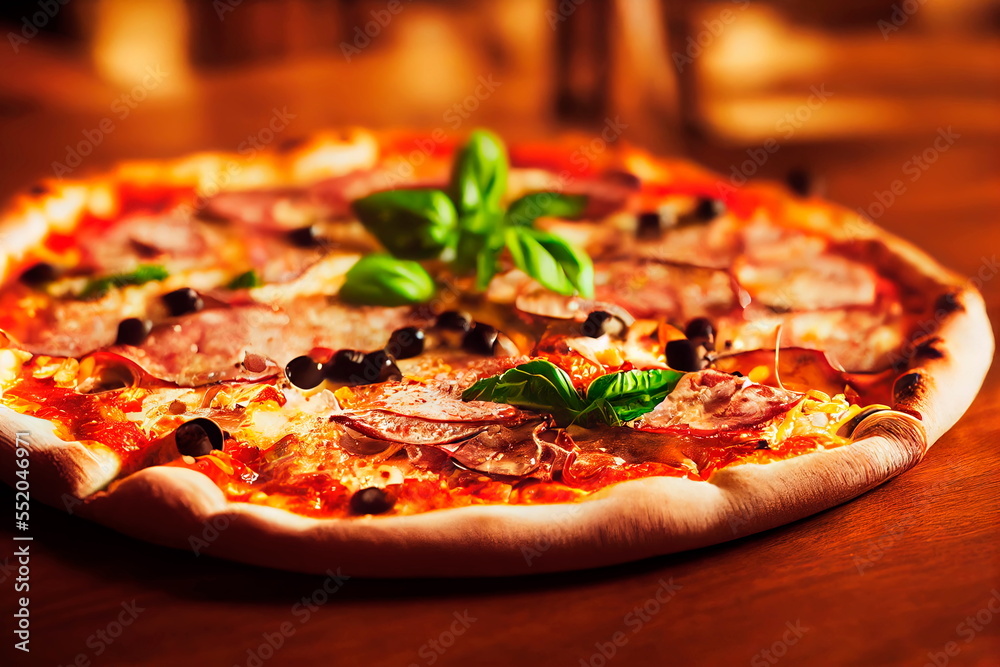 Fresh Homemade Italian Pizza ast food italian traditional on wooden board table classic in side view