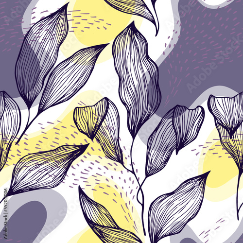 Sketch style doodle line texture leaves over stains and dots seamless vector ...