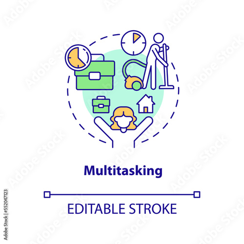 Multitasking concept icon. Remote work. Home based entrepreneurship advantage abstract idea thin line illustration. Isolated outline drawing. Editable stroke. Arial, Myriad Pro-Bold fonts used