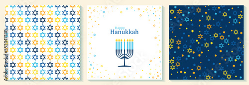 Happy Hanukkah card with nine-branched candelabrum Hanukkah menorah and Star of David Jewish symbol.