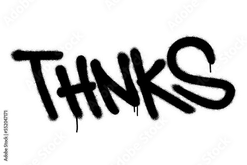 Spray graffiti quote THNKS (thank you) over white.