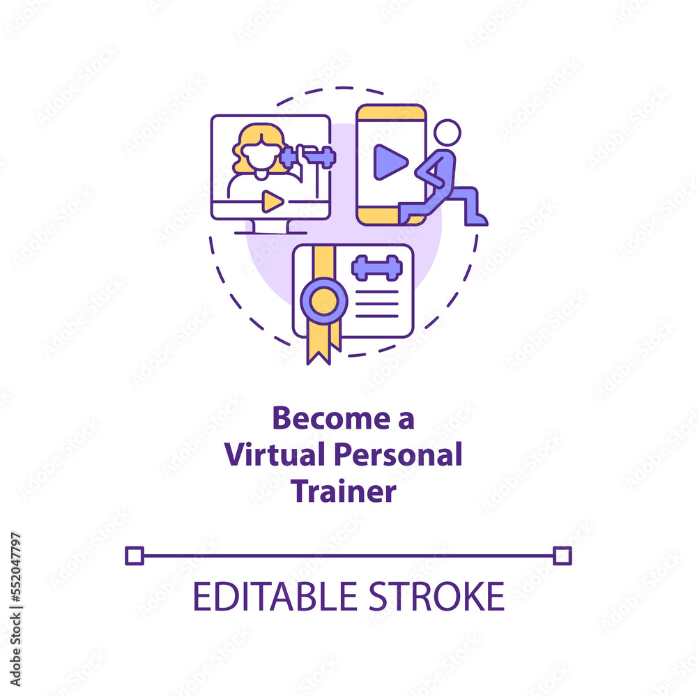 Become virtual personal trainer concept icon. Home based female entrepreneurship abstract idea thin line illustration. Isolated outline drawing. Editable stroke. Arial, Myriad Pro-Bold fonts used Become virtual personal trainer concept icon. Home based female entrepreneurship abstract idea thin line illustration. Isolated outline drawing. Editable stroke. Arial, Myriad Pro-Bold fonts used