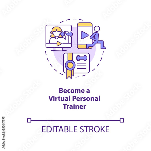 Become virtual personal trainer concept icon. Home based female entrepreneurship abstract idea thin line illustration. Isolated outline drawing. Editable stroke. Arial, Myriad Pro-Bold fonts used