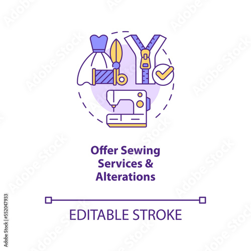 Offer sewing services and alterations concept icon. Home based business for women abstract idea thin line illustration. Isolated outline drawing. Editable stroke. Arial, Myriad Pro-Bold fonts used