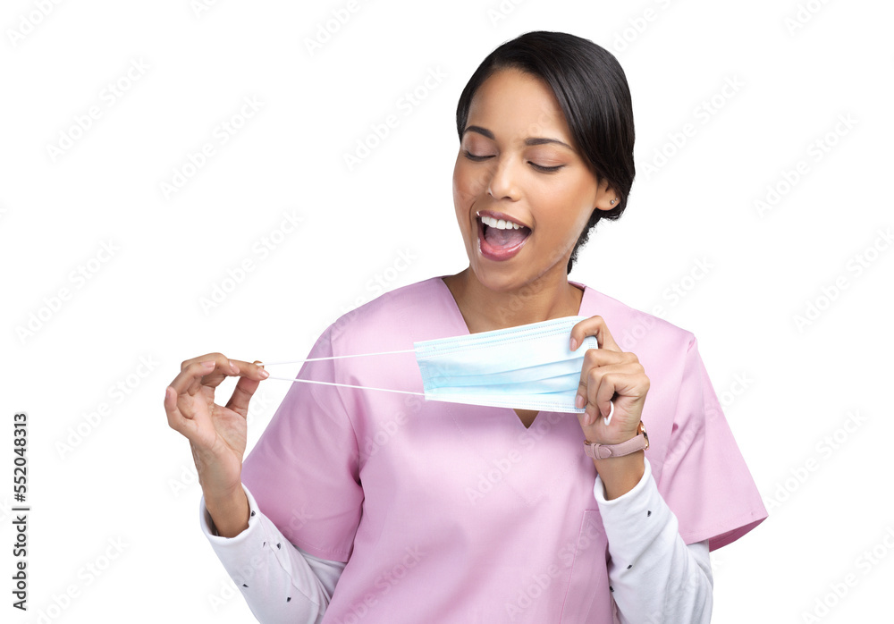 PNG cropped shot of an attractive young female healthcare worker holding up a mask in studio. PNG cropped shot of an attractive young female healthcare worker holding up a mask in studio.
