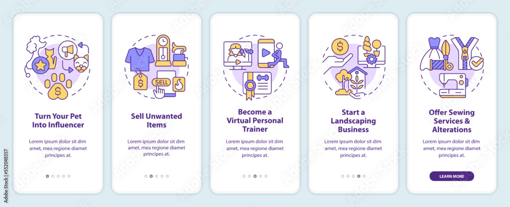 Home business ideas for ladies onboarding mobile app screen. Walkthrough 5 steps editable graphic instructions with linear concepts. UI, UX, GUI template. Myriad Pro-Bold, Regular fonts used Home business ideas for ladies onboarding mobile app screen. Walkthrough 5 steps editable graphic instructions with linear concepts. UI, UX, GUI template. Myriad Pro-Bold, Regular fonts used