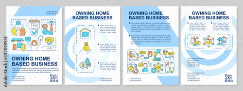 Running home based business blue brochure template. Remote work. Leaflet design with linear icons. Editable 4 vector layouts for presentation, annual reports. Arial, Myriad Pro-Regular fonts used