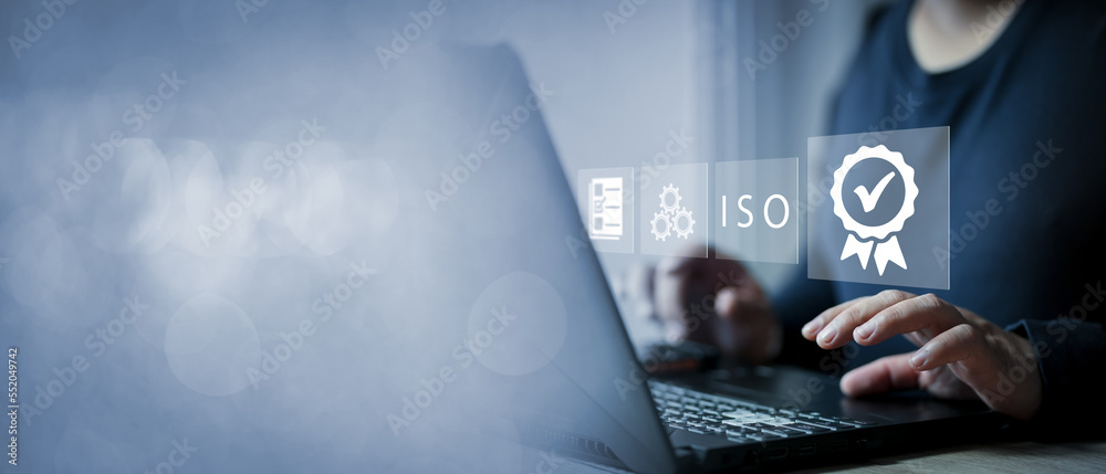 custom made wallpaper toronto digitalCertification and standardization process, iso certified business, conformity to international standards and quality assurance concept. Person touching certificate icon.
