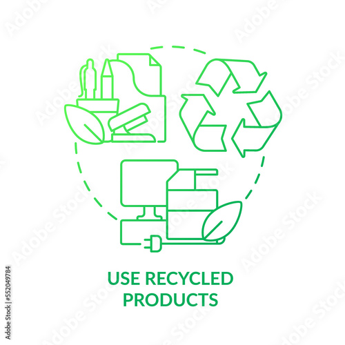 Use recycled products green gradient concept icon. Reusable materials. Eco office culture. Sustainability abstract idea thin line illustration. Isolated outline drawing. Myriad Pro-Bold font used