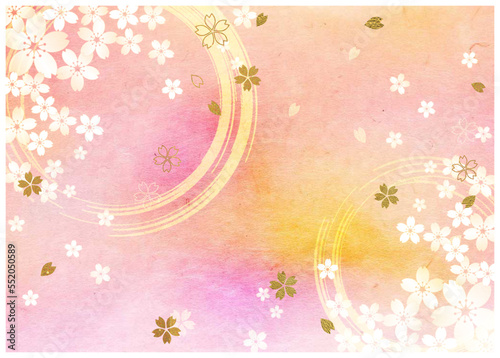 桜筆模様_ピンク和紙背景-横