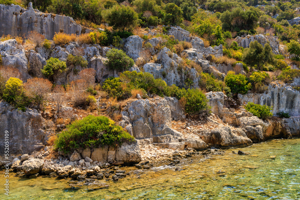 The ruins of a sunken ancient city on the island of Kekova Lycian Dolichiste in Turkey in the province of Antalya The ruins of a sunken ancient city on the island of Kekova Lycian Dolichiste in Turkey in the province of Antalya