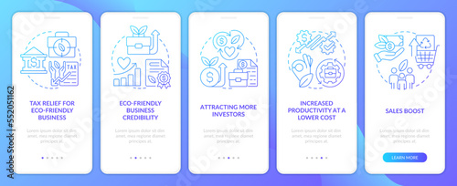 Environmental brand benefits blue gradient onboarding mobile app screen. Walkthrough 5 steps graphic instructions with linear concepts. UI, UX, GUI template. Myriad Pro-Bold, Regular fonts used
