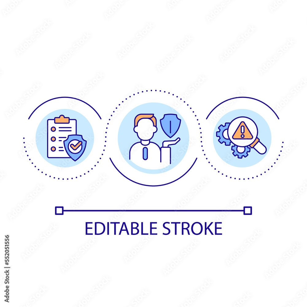 Occupational health and safety officer loop concept icon. Reduce accidents at work. Job hazard analysis abstract idea thin line illustration. Isolated outline drawing. Editable stroke. Arial font used Occupational health and safety officer loop concept icon. Reduce accidents at work. Job hazard analysis abstract idea thin line illustration. Isolated outline drawing. Editable stroke. Arial font used