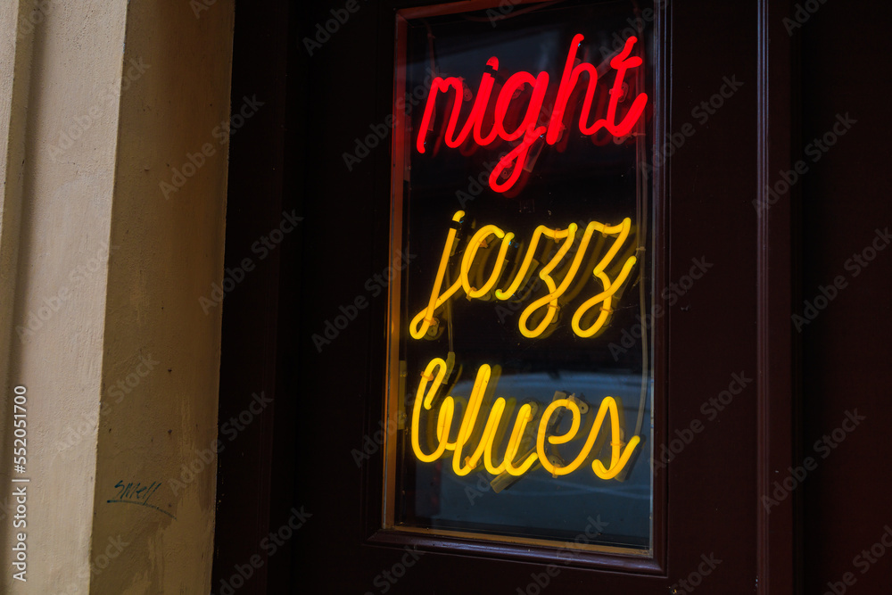Fotografie Glowing neon inscription night jazz blues
