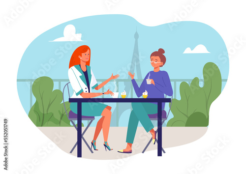Drink coffee outside, vector illustration, flat woman character sitting at cafe table, restaurant terrace with cityscape, eiffel tower.