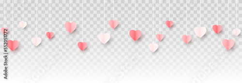 Vector multicolor hanging hearts on an isolated transparent background. Paper hearts png. Paper elements, paper decoration png. Valentine's Day.