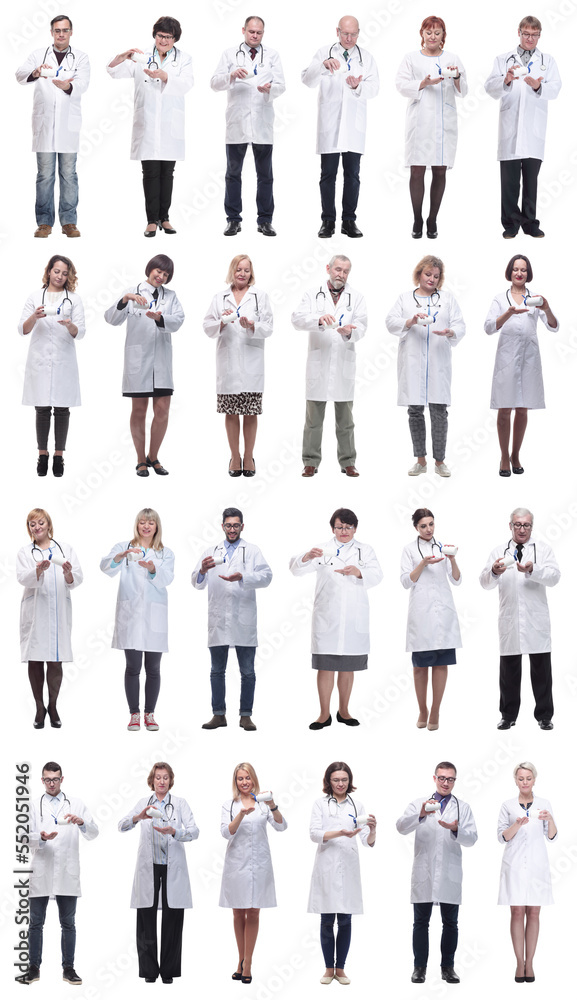 group of doctors holding jar isolated on white group of doctors holding jar isolated on white