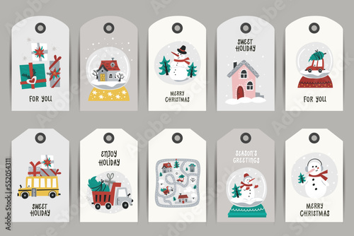 Collection of Christmas tags with cars, snowmans.