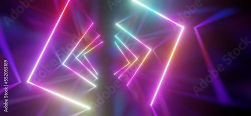 Futuristic interior background geometric design of lasers glowing colorful neon 3d render