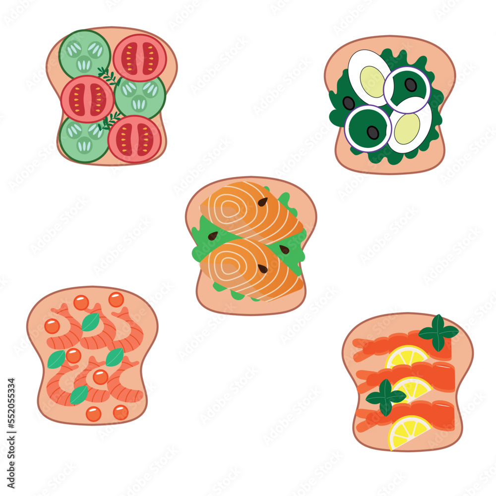 Variety of delicious sandwiches. Sandwich with toast and salmon, cheese and tomatoes, as well as salad and shrimp. Vector illustration in flat cartoon style. Variety of delicious sandwiches. Sandwich with toast and salmon, cheese and tomatoes, as well as salad and shrimp. Vector illustration in flat cartoon style.