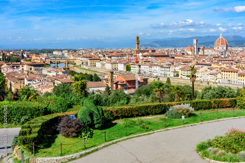 Florence cityscape with Duomo cathedral, Palazzo Vecchio palace and Ponte Vecchio bridge seen from Michelangelo hill, Italy