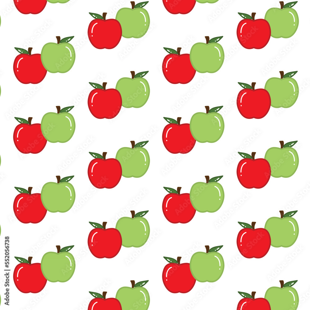 Seamless pattern of cute shiny red and green apples. Hand drawn flat vector illustration isolated on white background. For textile print, wallpaper, wrapping paper, greeting card, gift Seamless pattern of cute shiny red and green apples. Hand drawn flat vector illustration isolated on white background. For textile print, wallpaper, wrapping paper, greeting card, gift