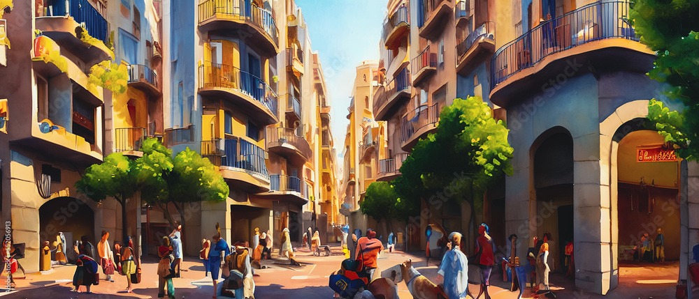 Fototapeta premium Street view of Barcelona City, Spain, Abstract water color painting. Urban illustration