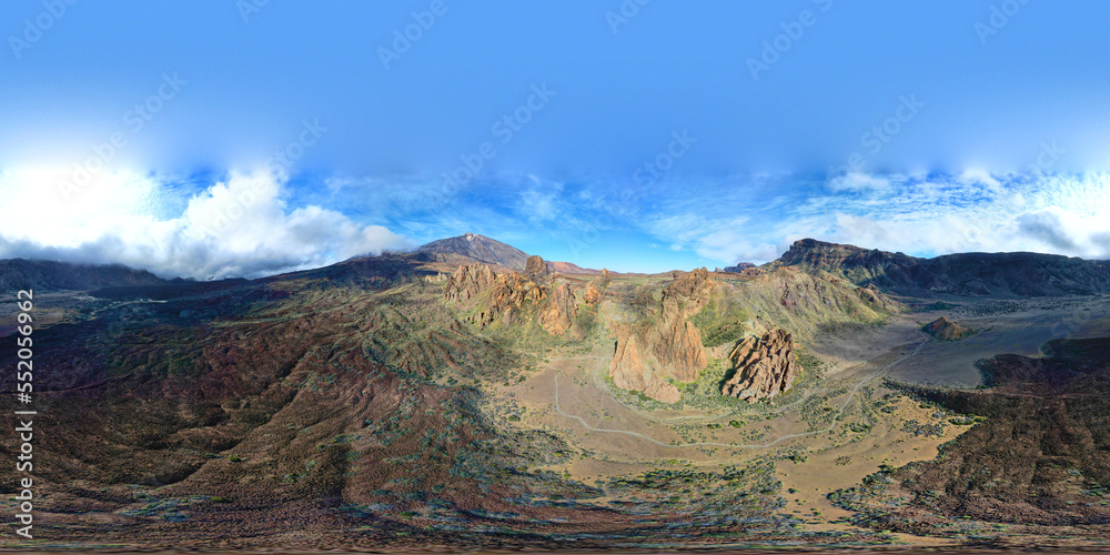 360 degrees panorama of unique Roque Cinchado rock formation with famous mountain peak Teide volcano in the background.