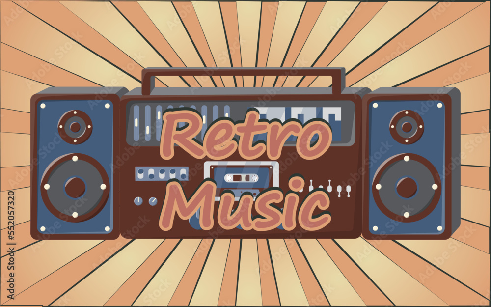 Φωτογραφία Old retro vintage poster with music cassette tape recorder with magnetic tape babbin on reels and speakers from the 70s, 80s, 90s the background of the brown rays of the sun