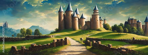 Castle illustration on the meadow landscape.