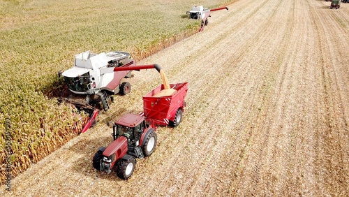 Принти на полотні two Maize chopper, forage harvester and tractor harvesting maize on a field, agr