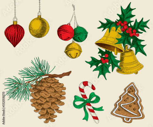 Christmas decoration set. Hand drawing bells, mistletoe, jingle bells, pine cone, cookie, candy cane and Christmas balls illustration.