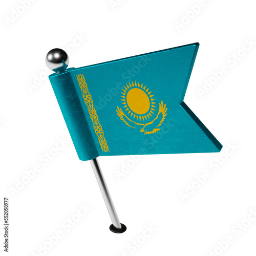 Flag of Kazakhstan. Board pin in the shape of a flag. The flag is tilted to the left. 3D Render.