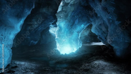 blue ice cave covered with snow and flooded with light photo