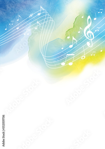 Music watercolor background for use as a template for flyer or for use in web design.