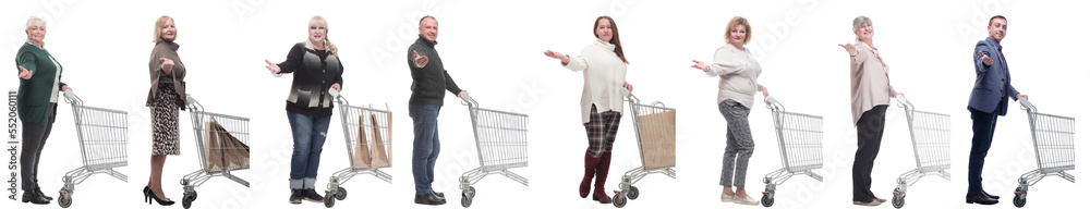 group of people with shopping cart on white group of people with shopping cart on white
