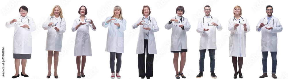 group of doctors holding jar isolated on white group of doctors holding jar isolated on white