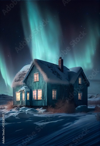 A winter scene with beautiful green and red northern lights dancing over a house with mountains in the background.