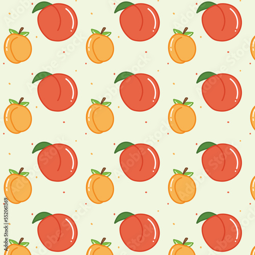 Fototapeta Naklejka Na Ścianę i Meble -  Seamless pattern of cute shiny apricots, peaches and nectarines. Hand drawn flat vector illustration isolated on white background. For textile print, wallpaper, wrapping paper, greeting card, gift 