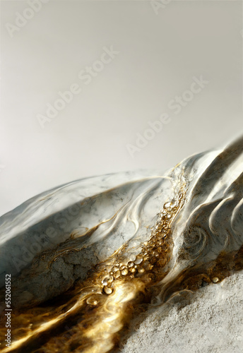 Beautiful vertical abstract background with copy space. Liquid, marbled effect, splines. Golden particles. Generative AI.