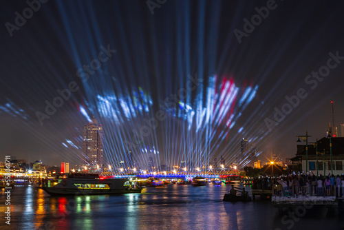 Phra Phuttha Yodfa Bridge or Memorial Bridge light up with fireworks event show. ‘Vijit Chao Phraya’ lighting extravaganza with firework at Memorial Bridge,