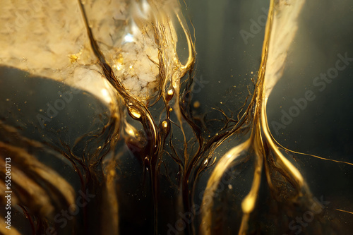Beautiful abstract background. Liquid, marbled effect, splines. Golden particles. Generative AI.