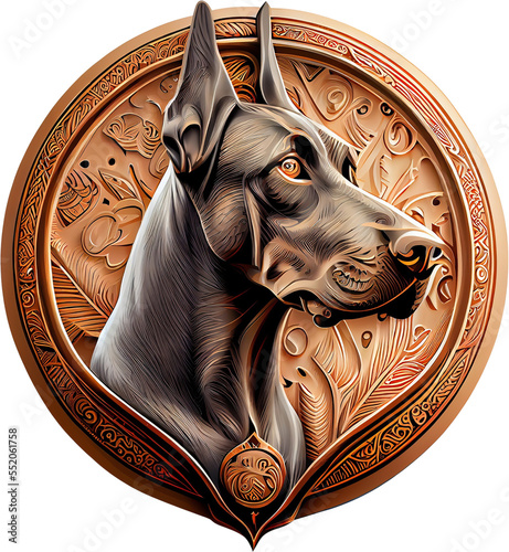 Fototapete 3d rendering of a doberman on a metal badge without background