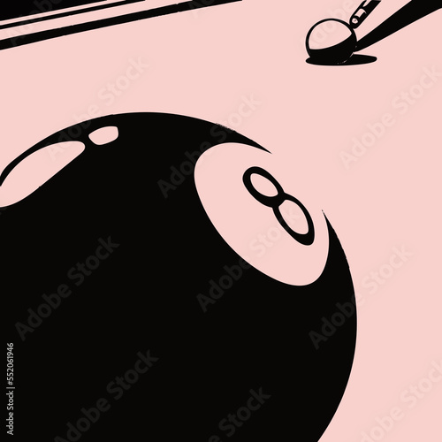black Ink brush illustration of cue ball about to be struck from behind eight ball point of view	